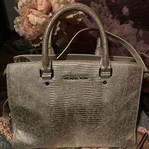 Michael Kors Metallic Silver Lizard-Embossed Satchel